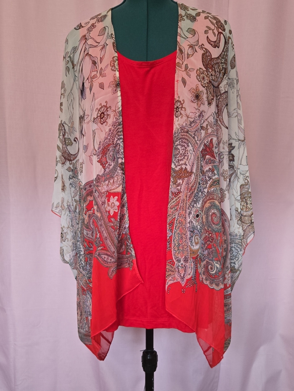 Kate & Mallory Red Floral Paisley Sheer Kimono And Tank Top Set